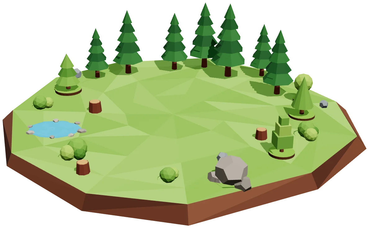 Illa en 3D amb el terreny i els arbres, encara sense construir