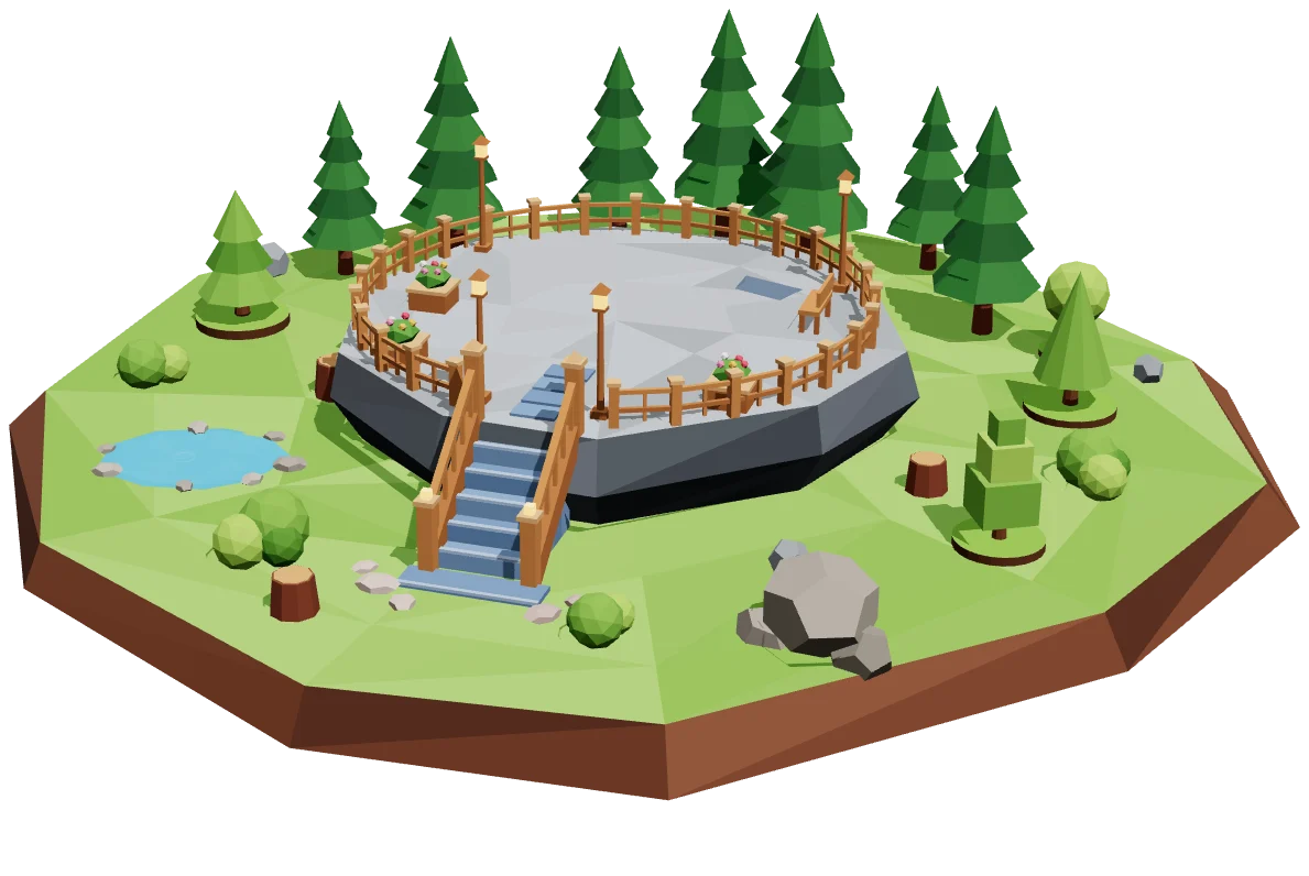 Illa en 3D amb la llosa de fonament de pedra i les escales
