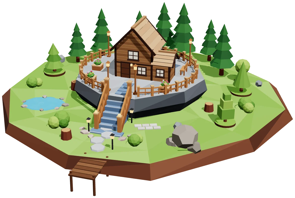Illa en 3D amb la casa, el camí de llambordes, els fanals i el moll