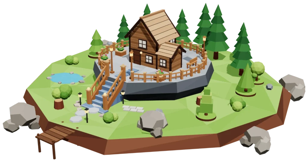 Isla en 3D con una casa de madera construida sobre unos cimientos de piedra