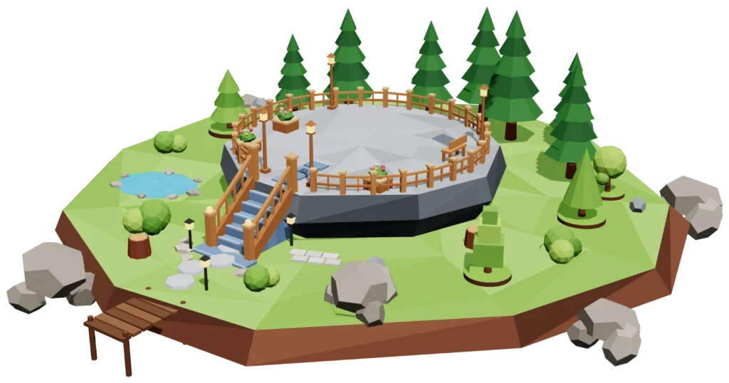 Isla en 3D con los cimientos de piedra preparados, antes de construir la casa